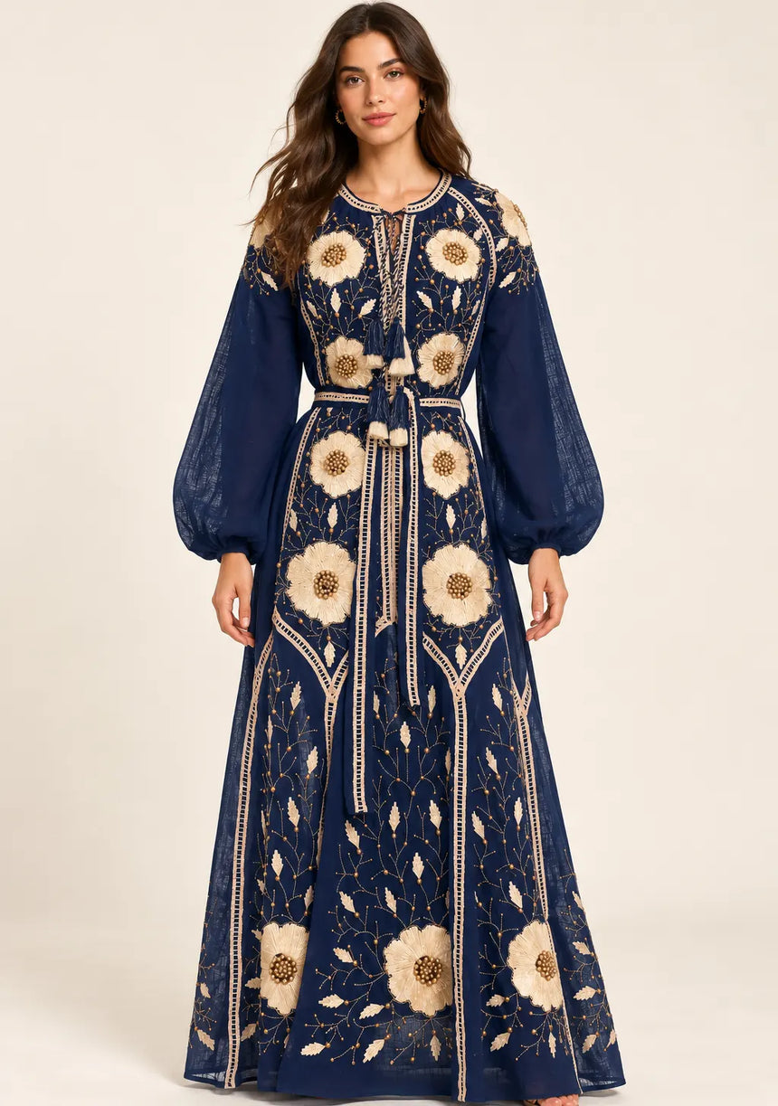 ibBan Floral Embroidered Cotton Long Dress - Johri