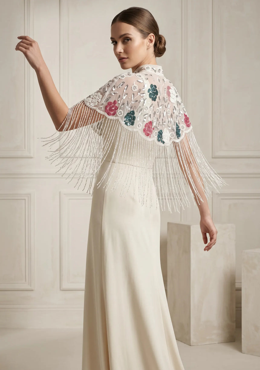 ibBan Floral Hand Beaded Party Cape | Luxury Embroidered Evening Cape - Sika