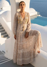 Women's Hand Embroidered Printed Cotton Maxi Dress V-Neck- Aza