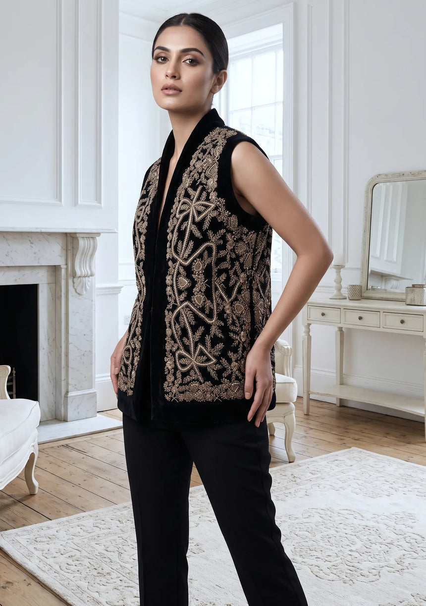 ibBan Luxury Black Gilet with Heavy Gold Hand Embroidery - Goldy Gilet