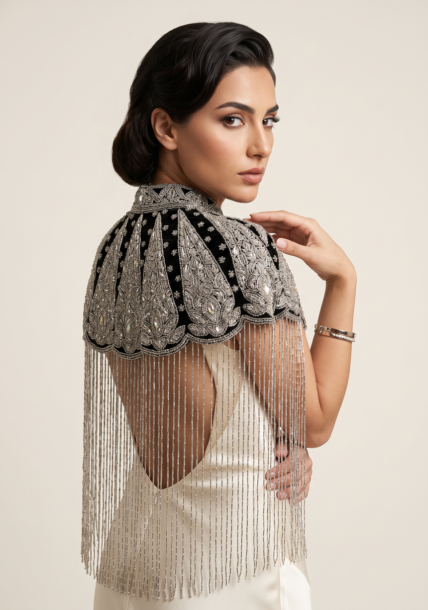 ibBan Black Hand Beaded Party Cape | Cape de soirée de luxe brodée - Mazi