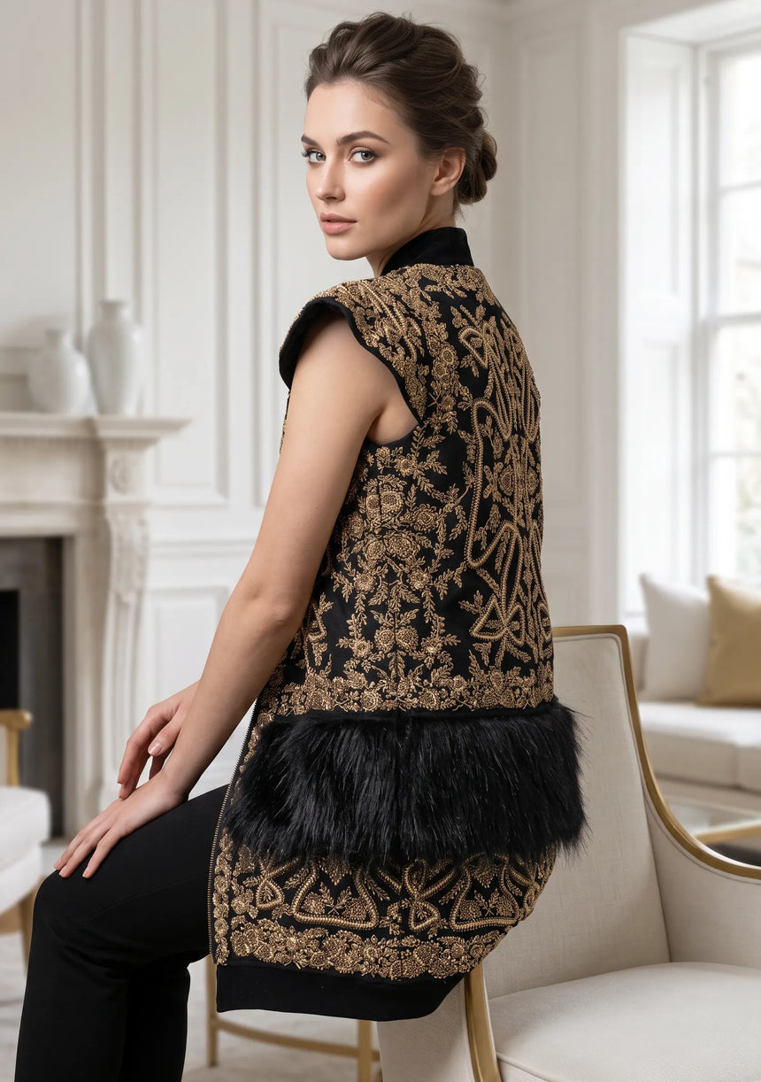 ibBan Luxury Black Vest Coat with Heavy Gold Hand Embroidery - Goldy Vest Coat
