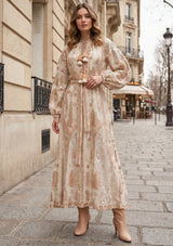 ibBan Beige Hand Embroidered Winter Maxi Dress | Cotton Lurex Luxury Dress - Efnan