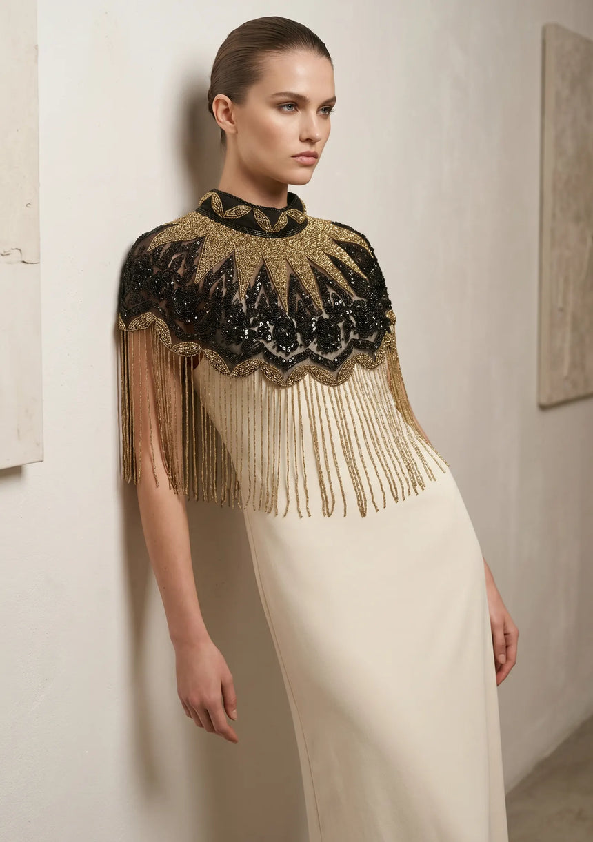 ibBan Black & Gold Hand Beaded Party Cape | Luxury Embroidered Evening Cape - Gunsa
