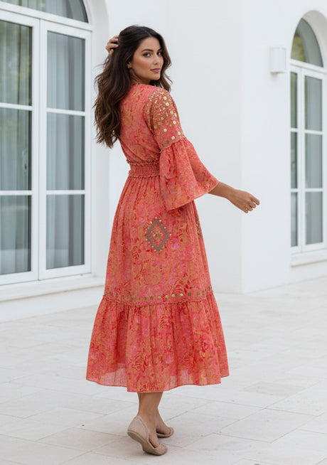 ibBan Printed Long Dress with Hand Embroidery | Women's Resort Maxi Dress - Maya