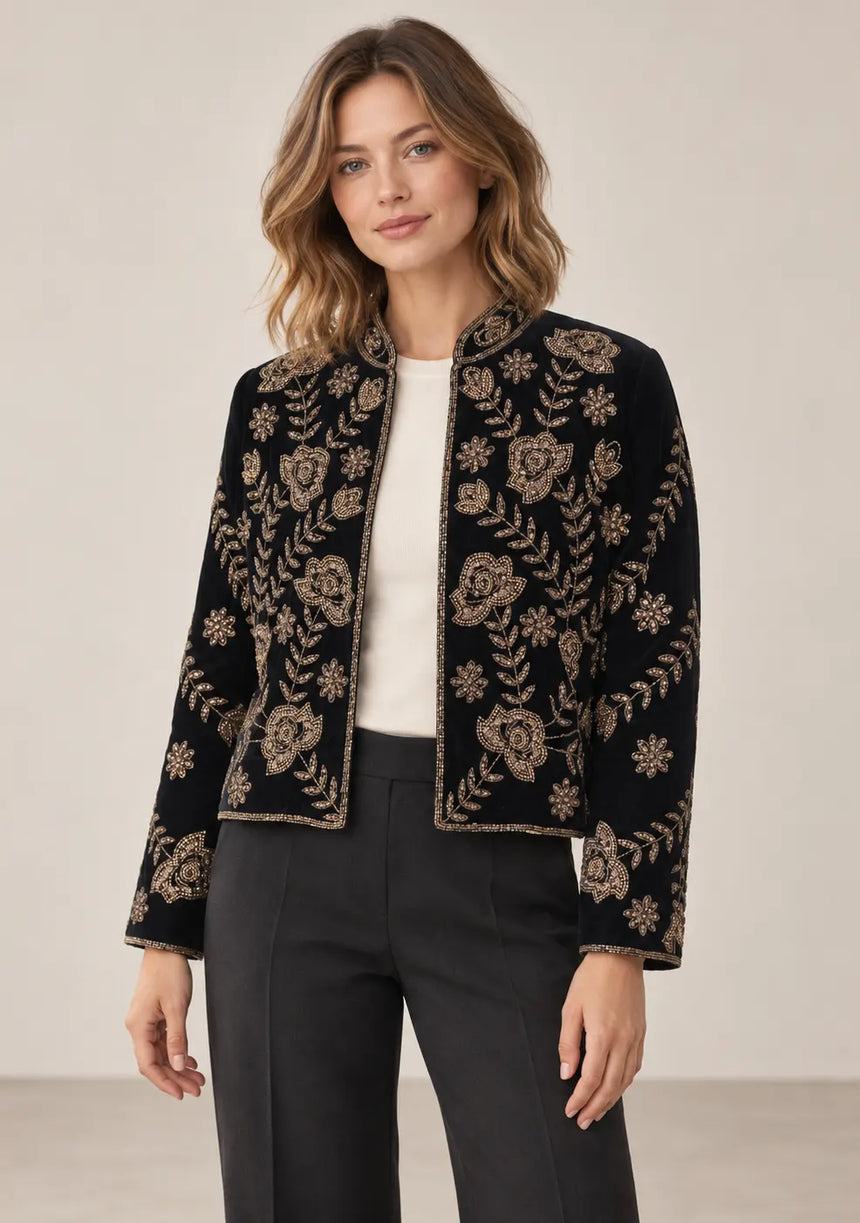 ibBan Women’s Black  Hand Embroidered Beaded Jacket - Morgan