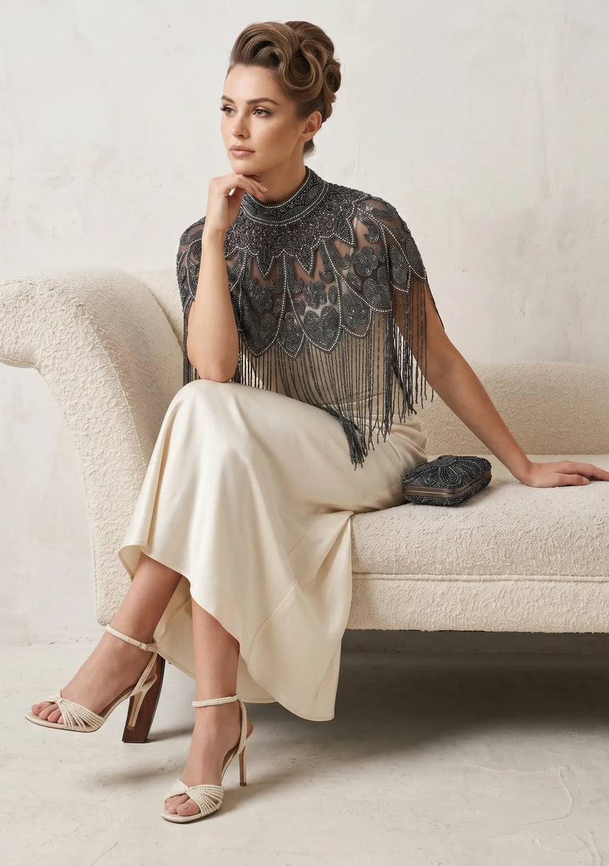 ibBan Black Hand Beaded Party Cape | Luxury Embroidered Evening Cape - Mazi