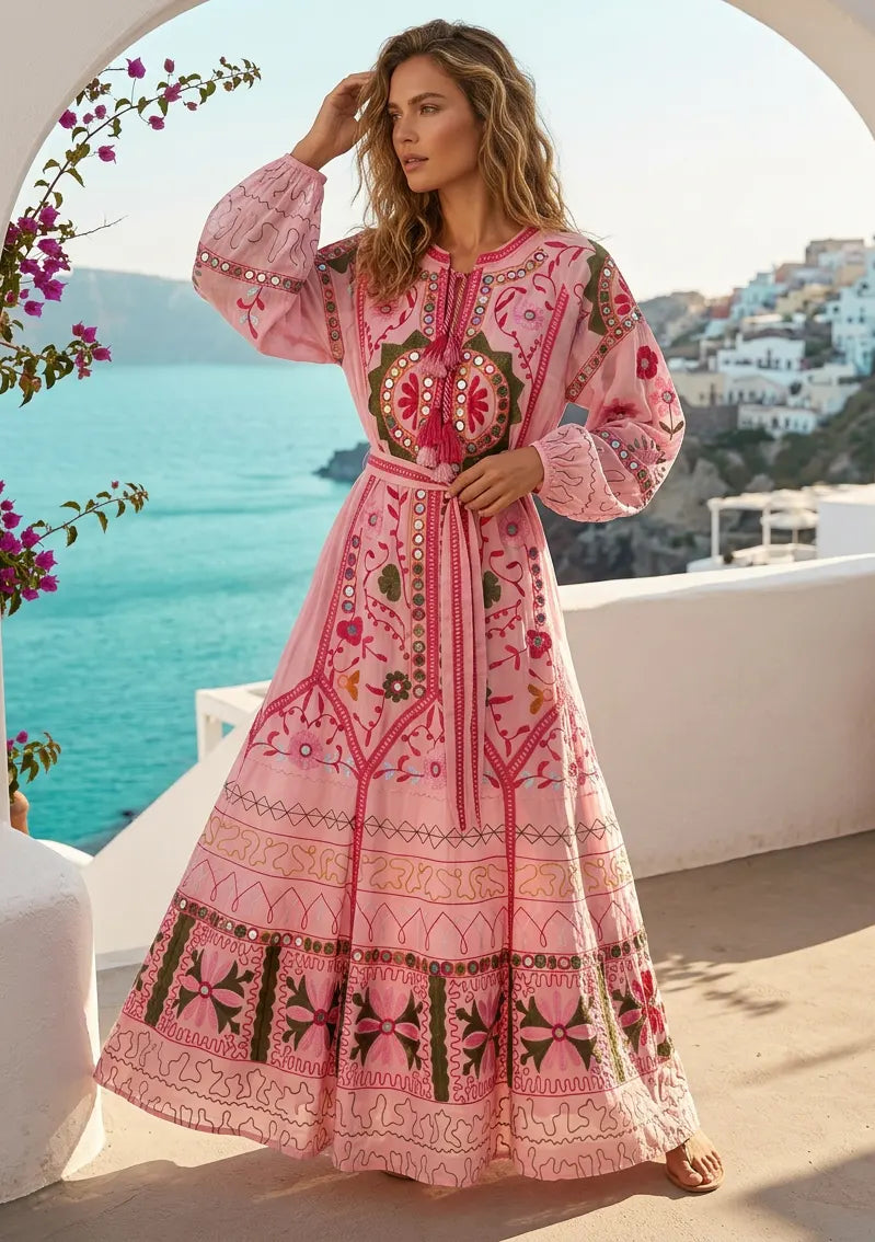 ibBan Pink Embroidered Cotton Maxi Dress | Women's Bohemian Resort Wear-Orla