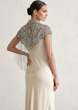 ibBan Silver Hand Beaded Party Cape | Luxury Embroidered Evening Cape -Efli
