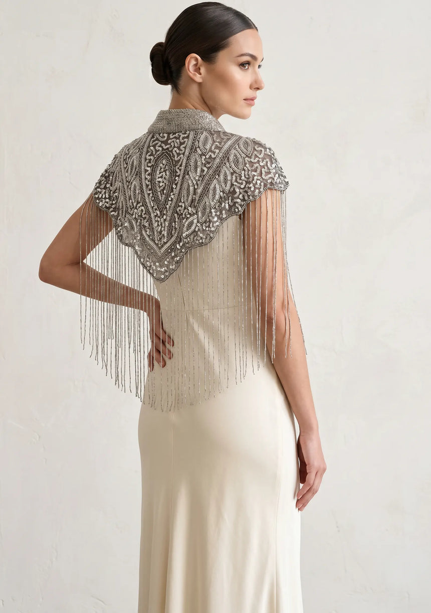 ibBan Silver Hand Beaded Party Cape | Luxury Embroidered Evening Cape -Efli