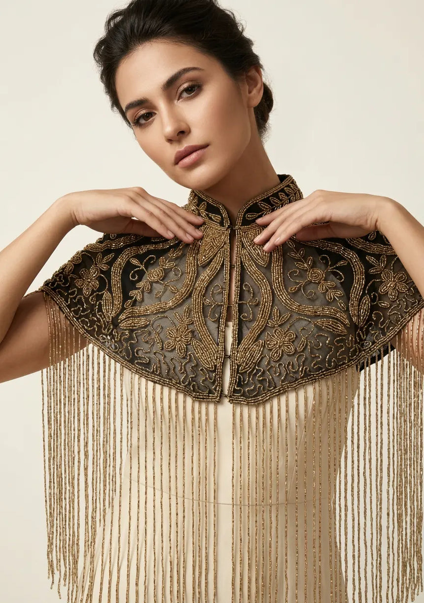 ibBan Black & Gold Beaded Net Neck Cape - Daina
