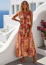 Women's Hand Embroidered Printed Cotton Long Dress Round Tie-Up Neck- Asia