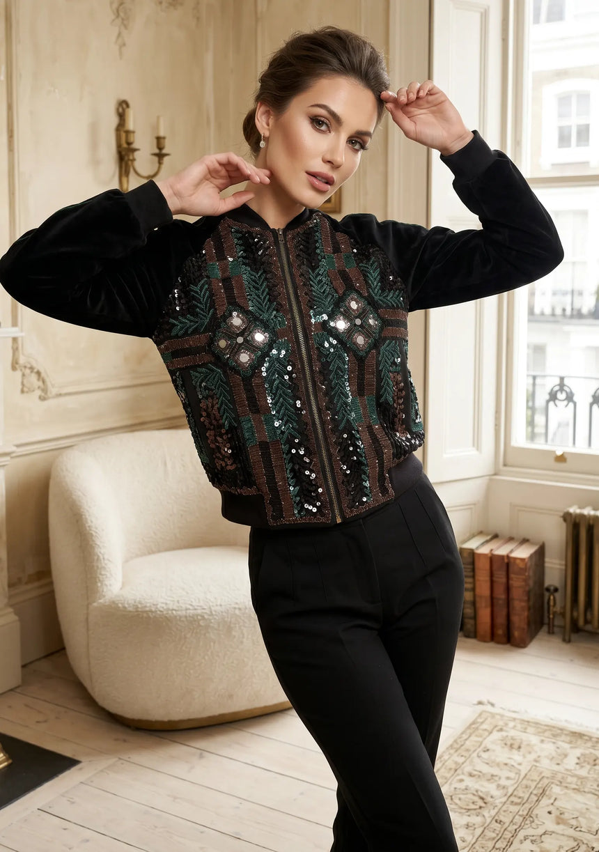 ibBan Women's Hand Embroidered Bomber Jacket -Anum