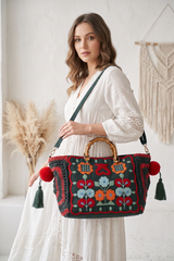 Ibban Green Hand Embroidered Canvas Cabas Bag - Zara