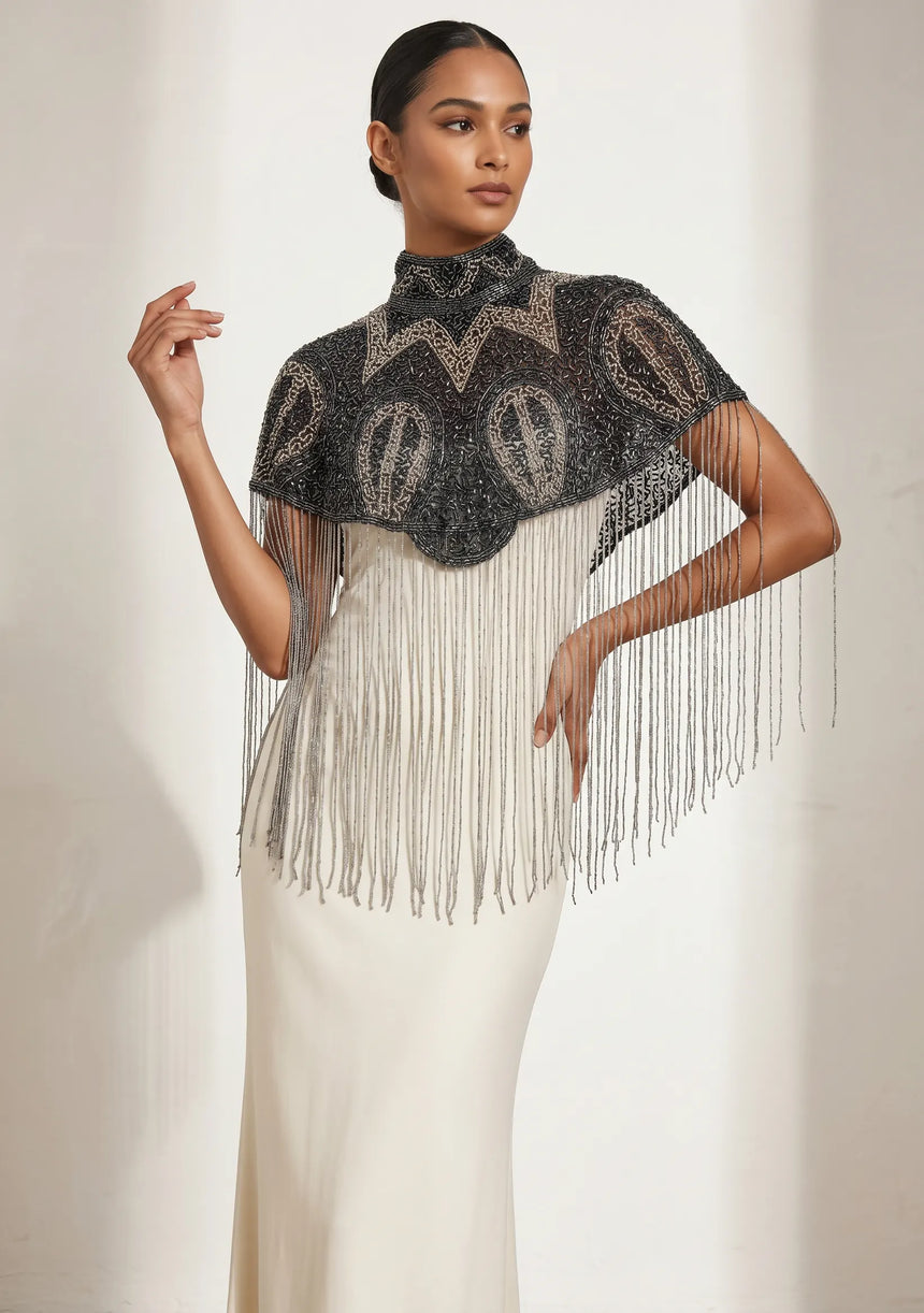 Women's Black Beaded Fringe Cape | Luxury Embroidered Cape by ibBan - Ela