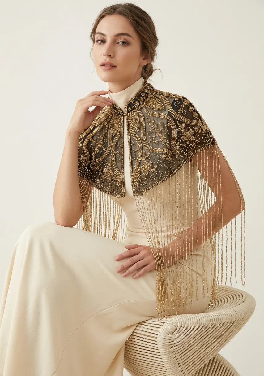 ibBan Black & Gold Beaded Net Neck Cape - Daina