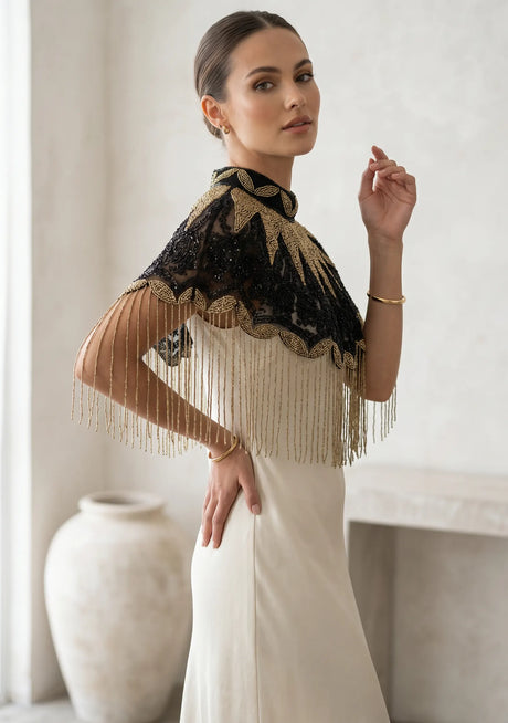 ibBan Black & Gold Hand Beaded Party Cape | Luxury Embroidered Evening Cape - Gunsa