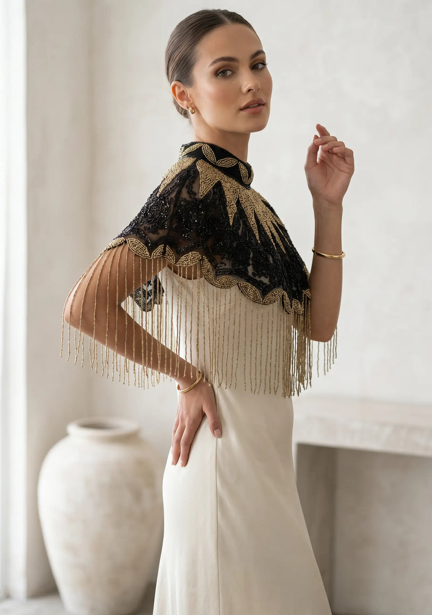 ibBan Black & Gold Hand Beaded Party Cape | Luxury Embroidered Evening Cape - Gunsa