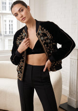 ibBan Women's Leather Sleeve Hand Embroidered Jacket - Asleen