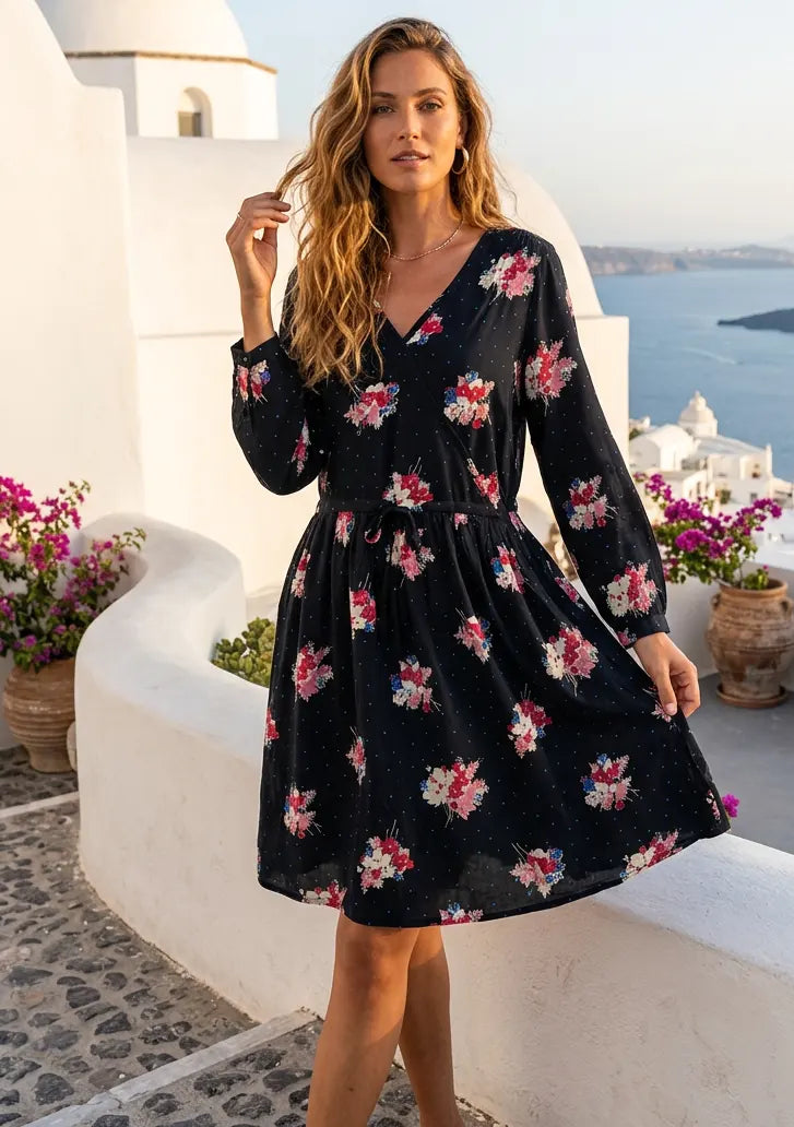 ibBan Black Floral Printed Cotton Summer Dress | Women's Casual Holiday Dress -Dalia