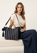 Women's Embroidered Canvas Handbag - Black Line