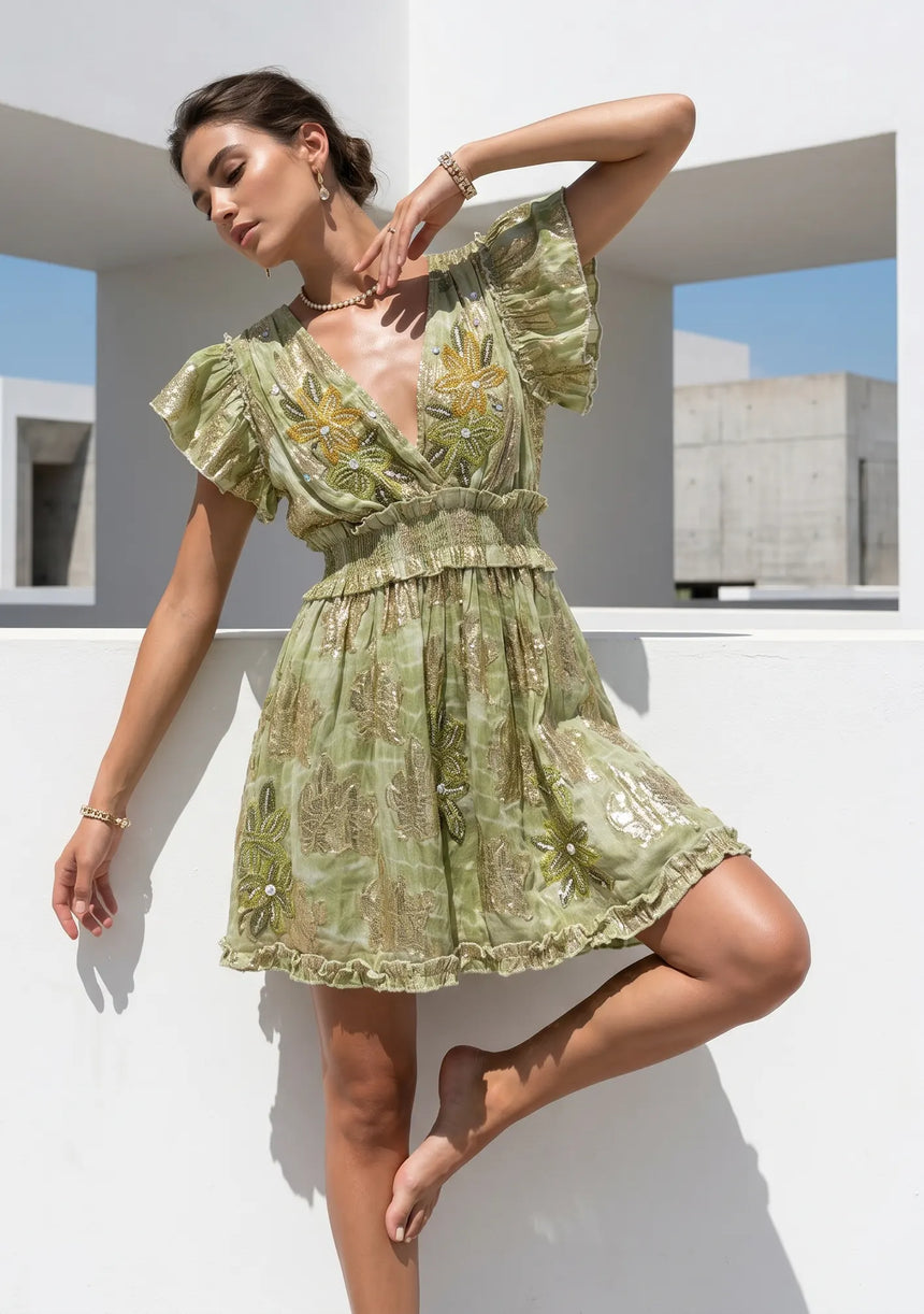 ibBan Premium Cotton Lurex Short Dress with Hand Embroidery -Iruka