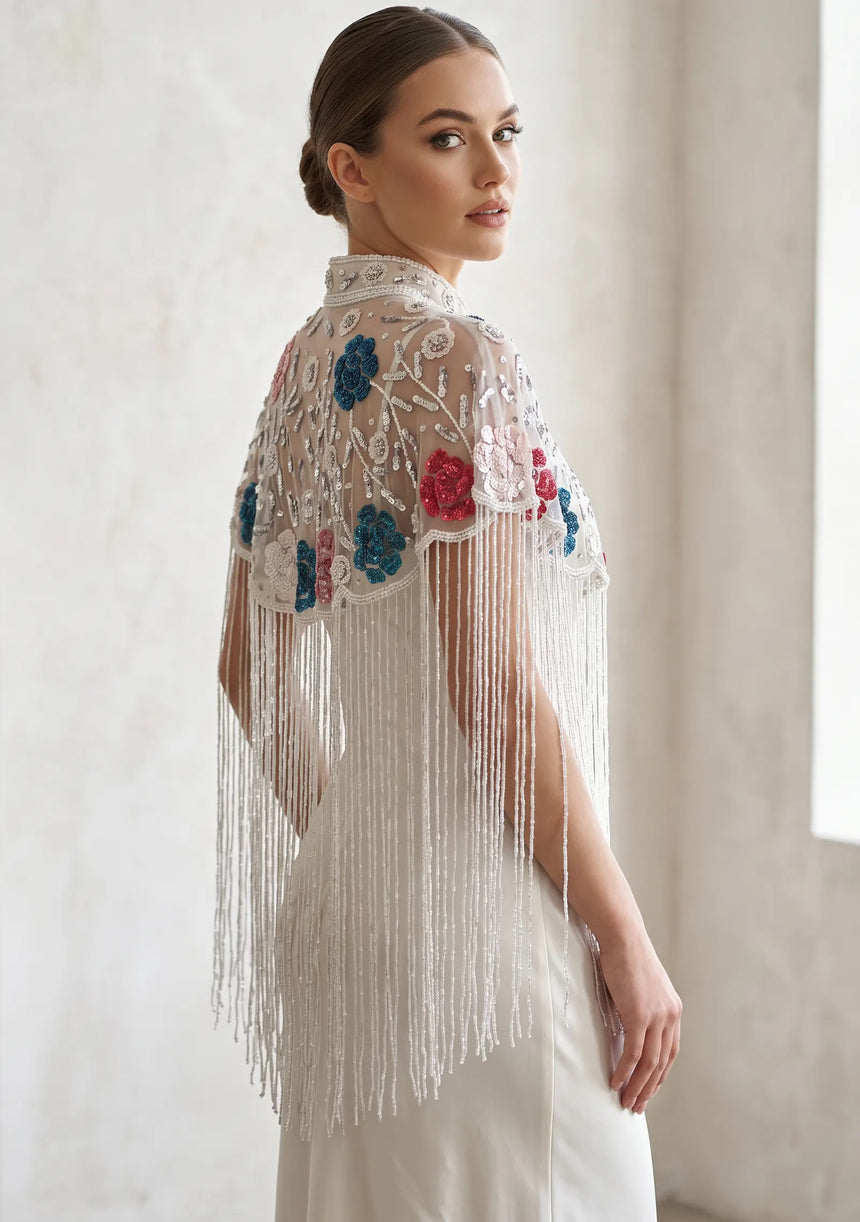 ibBan Floral Hand Beaded Party Cape | Luxury Embroidered Evening Cape - Sika