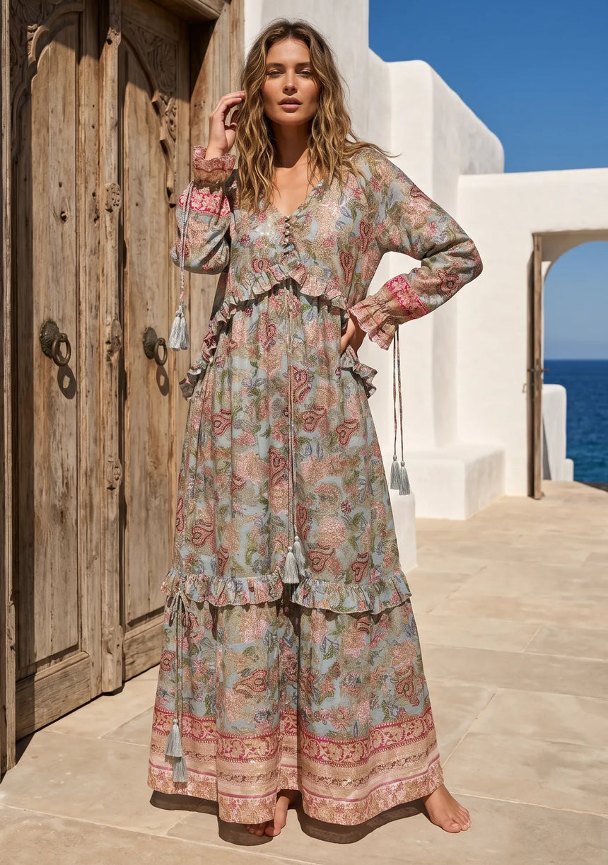 ibBan Premium Lurex Maxi Dress with Hand Embroidery | Luxury Boho -Baria