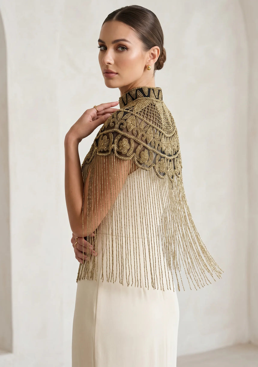 ibBan Luxury Hand Beaded Party Cape | Gold Embroidered Evening Cape for Women - Linza
