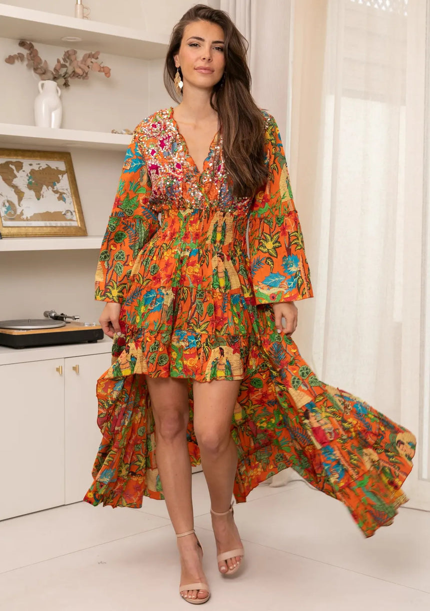 ibBan Hand Embroidered Cotton High-Low Maxi Dress - Zayba