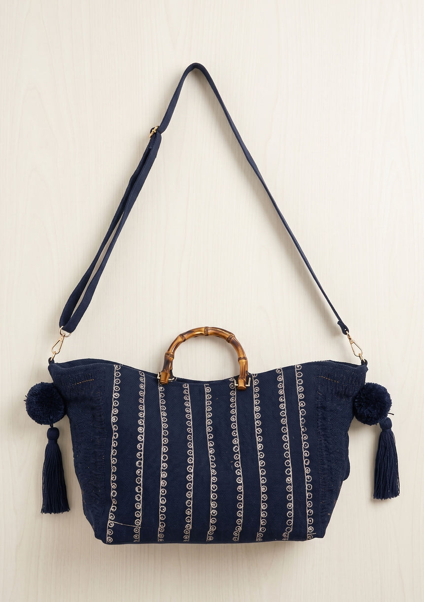 Women's Embroidered Canvas Handbag - Black Line