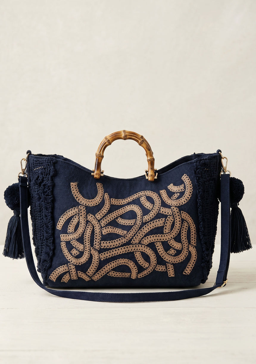 Bolso de mano de lona bordado para mujer - Avellana