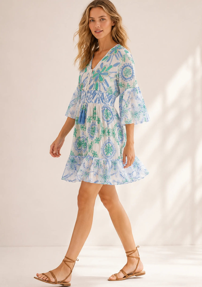 Minivestido de algodón con cuello en V para mujer - Kiran