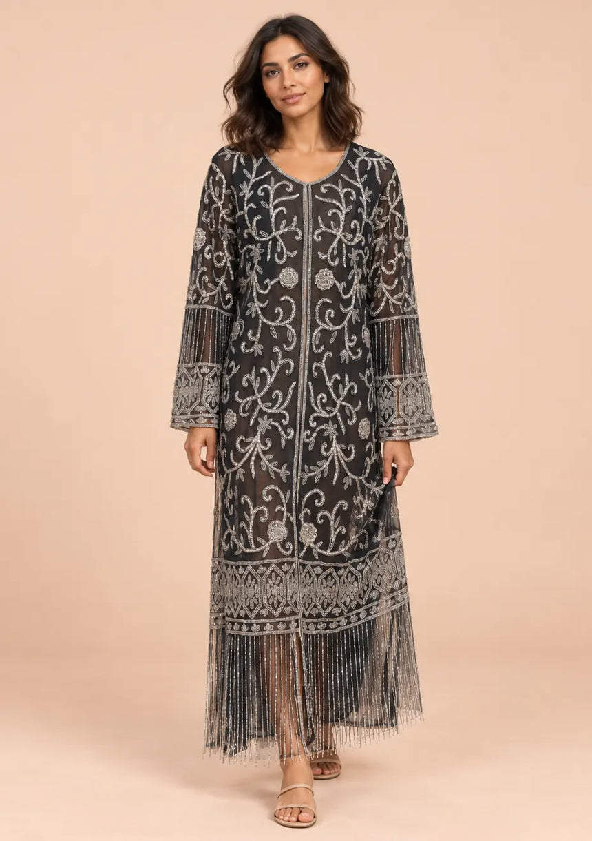 ibBan Black Kaftan Dress with Silver Hand Embroidery -