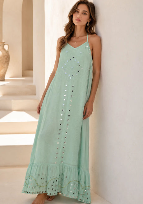 Vestido maxi de algodón con cuello redondo para mujer - Lamiya