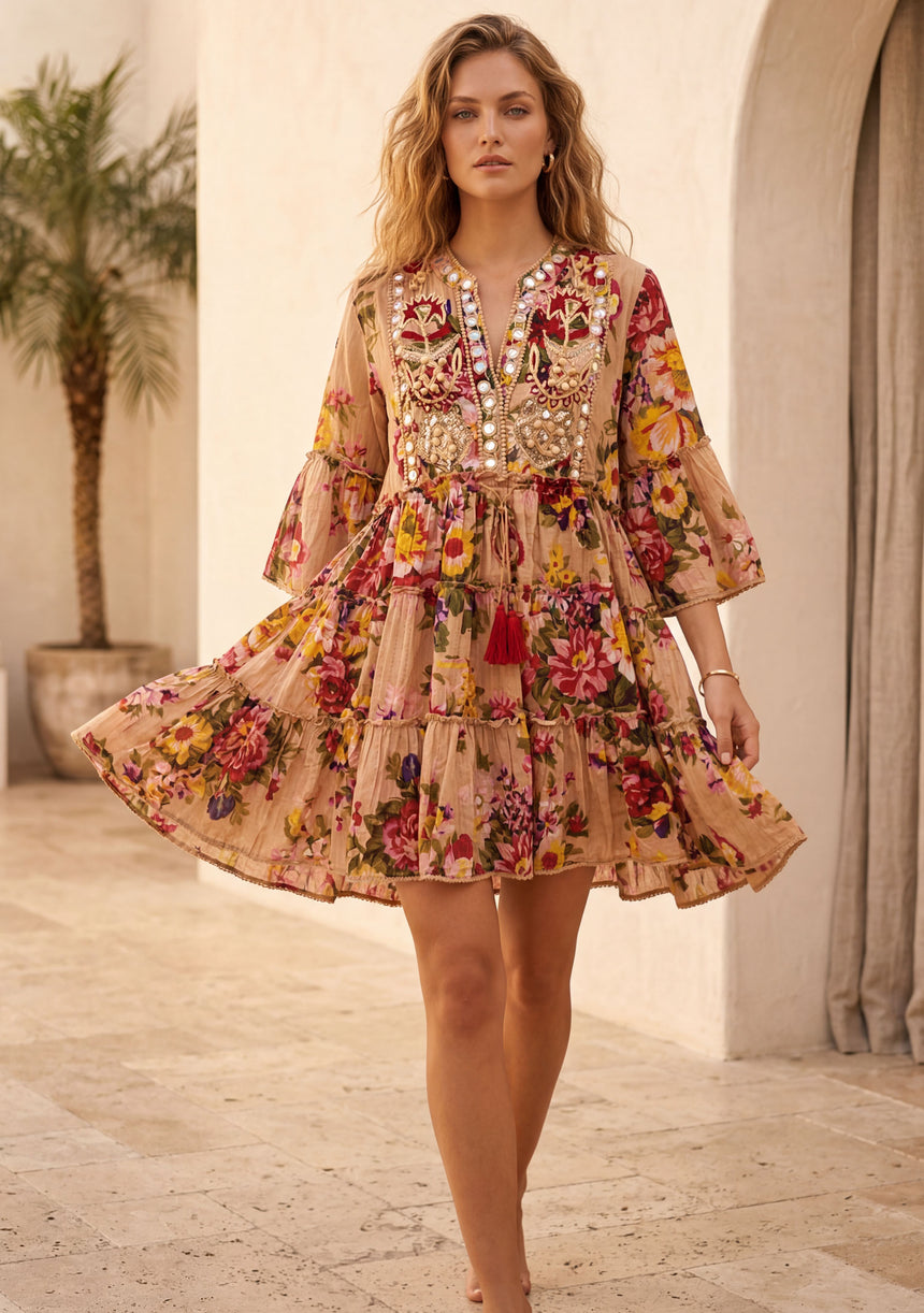 ibBan Premium Printed Cotton Short Tunic Dress with Hand Embroidery -Aysha