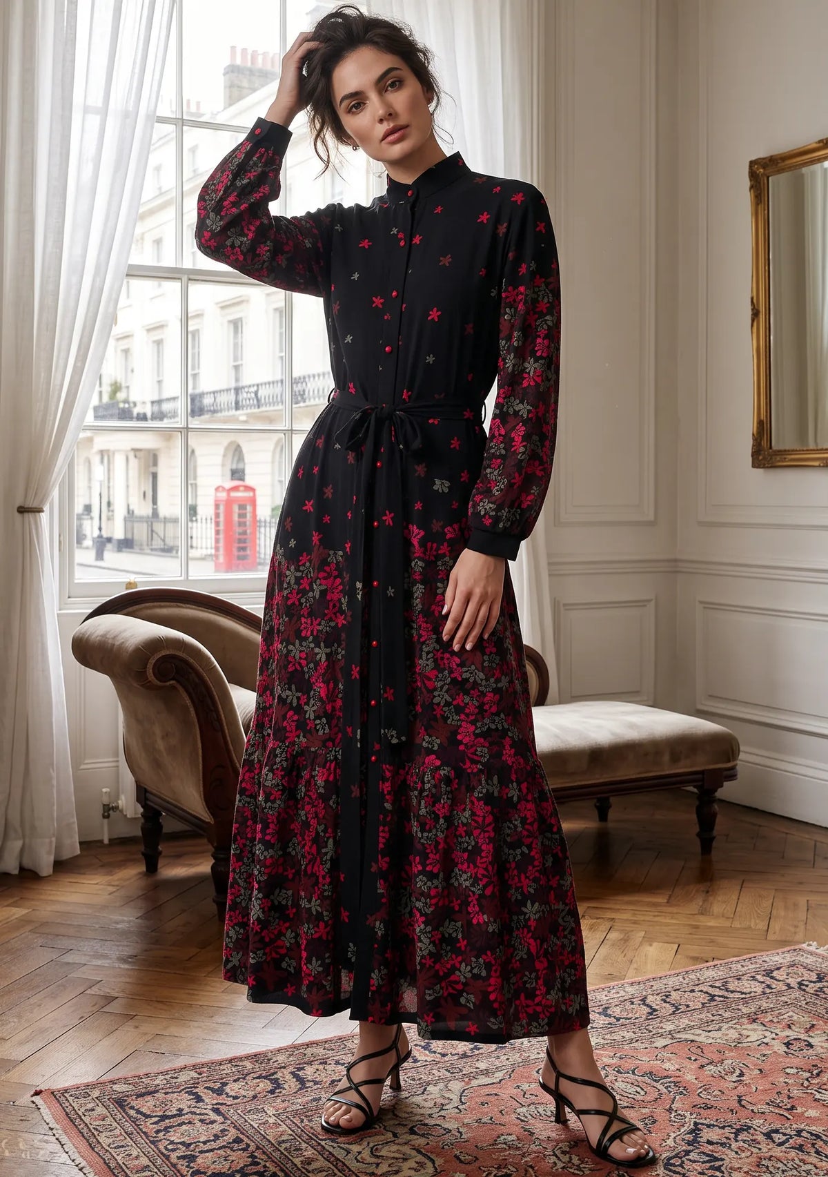 ibBan Black Printed Cotton Long Dress for Women - Asrar