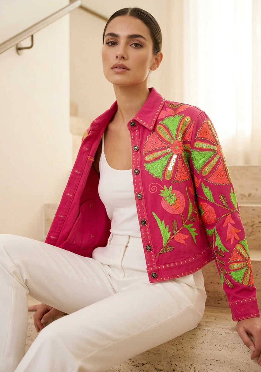 Women's Artisan Hand Embroidery Canvas Jacket - Meliah