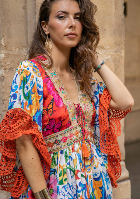 Women's Printed Silk Long Tunic V-Neck - Mary
