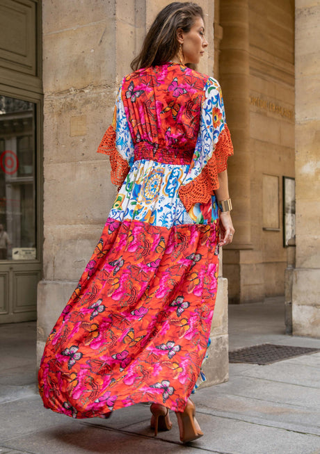 Women's Printed Silk Long Tunic V-Neck - Mary