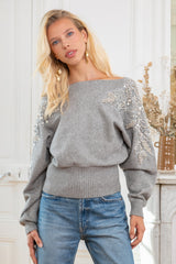 ibBan Women's White Hand Embroidered Winter Knit Sweater - Miranda