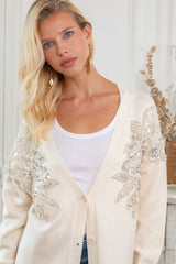 ibBan Women's Luxury Hand Embroidered Long Knit Cardigan-Perla