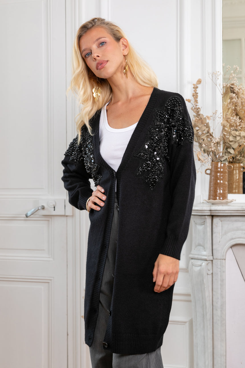 ibBan Women's Luxury Hand Embroidered Long Knit Cardigan-Perla