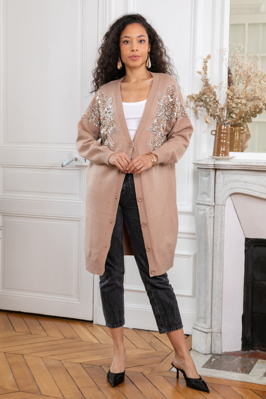 ibBan Women's Luxury Hand Embroidered Long Knit Cardigan-Perla