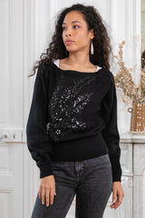 ibBan Women's Hand Embroidered Winter Knit Sweater | Luxury Black Designer - Stelia