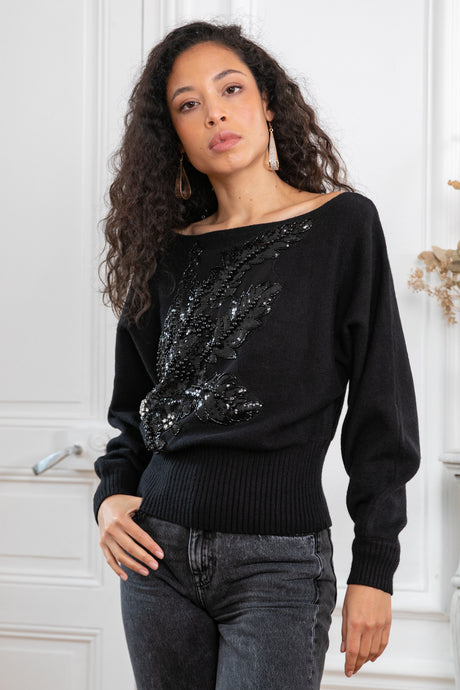 ibBan Women's Hand Embroidered Winter Knit Sweater | Luxury Black Designer - Stelia