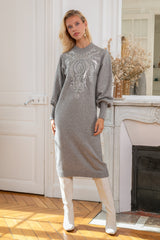 ibBan Women's Beige Hand Embroidered Winter Knit Dress - Martina