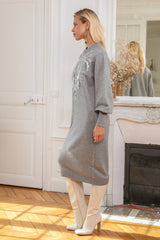 ibBan Women's Beige Hand Embroidered Winter Knit Dress - Martina