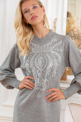 ibBan Women's Beige Hand Embroidered Winter Knit Dress - Martina