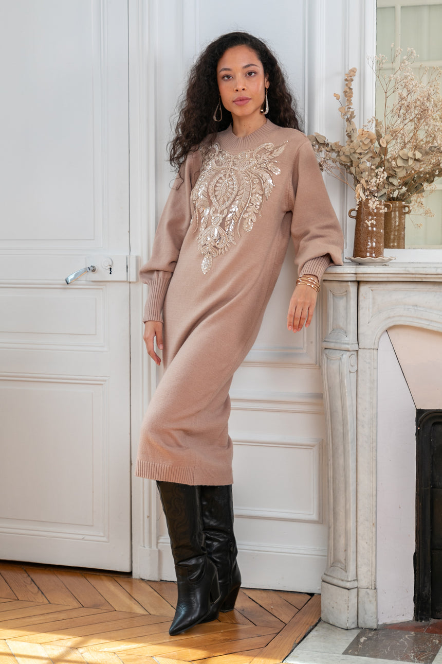 ibBan Women's Beige Hand Embroidered Winter Knit Dress - Martina